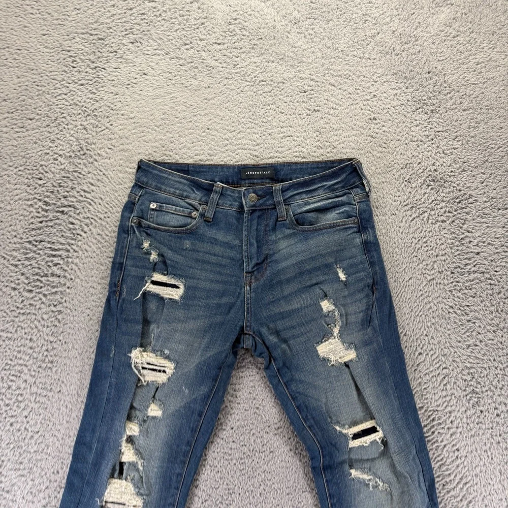 Aeropostale Jeans Mens 30x32 Blue Cotton Denim Straight Slim Distressed Stretch‎